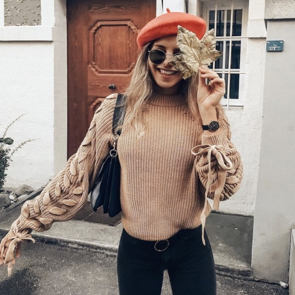 Rouge! Sweaters - Lace Up Sleeve Knit Tan Sweater
